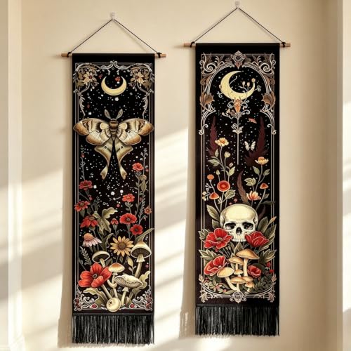 Gothic Wall Tapestry Set - Witchy Moon Moth Skull Mushroom Vertical Decor