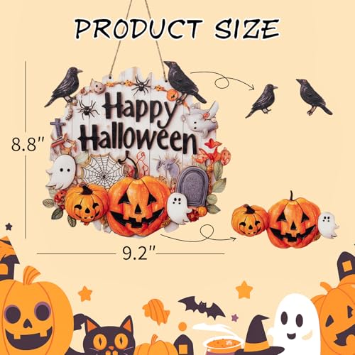 Halloween Wooden Door Sign - Rustic Handcrafted Plaque with Pumpkins Ravens Ghosts Web