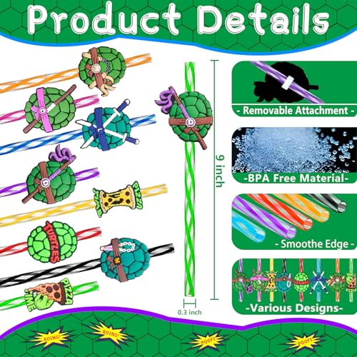 Reusable Green Turtle Drinking Straws Set with Cartoon Attachments for Kids Parties