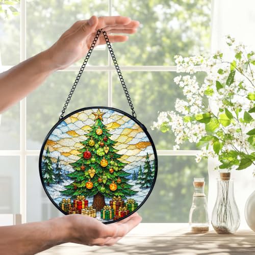 Winter Pine Tree Suncatchers Stained Glass Window Hanging Christmas Tree-3