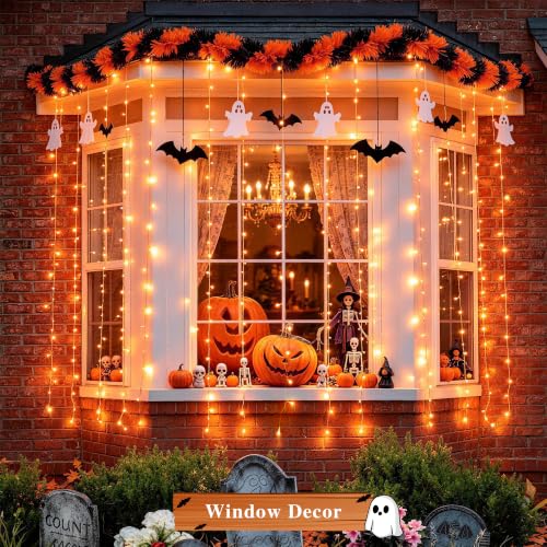 Halloween Curtain Lights - 200 Orange LED String Lights for Indoor Outdoor Decor - Remote Control & Dual Power