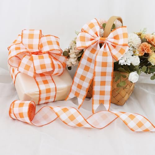 Orange Plaid Burlap Wired Ribbon - 2.5 Inch, 6 Yards, Spring & Easter Decoration