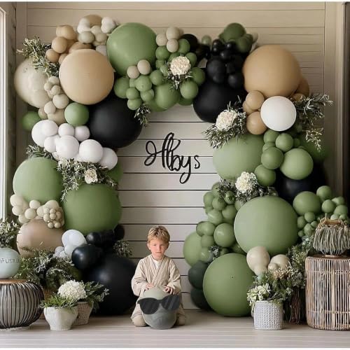 Black Sage Green Balloon Garland Kit - Double Stuffed Olive Green & Nude for Jungle Safari Birthday
