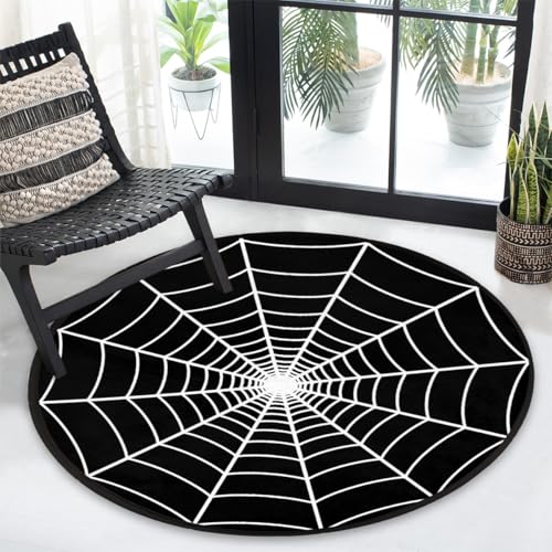 Round Black Spider Web Area Rug 3Ft - Washable Non-Slip Floor Mat for Bedroom & Living Room - Web Design Variation