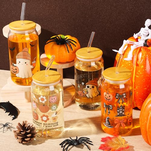 Cute Halloween Glass Cups Set with Bamboo Lids & Straws - Ghost & Pumpkin Design, 16oz - 4 Pack
