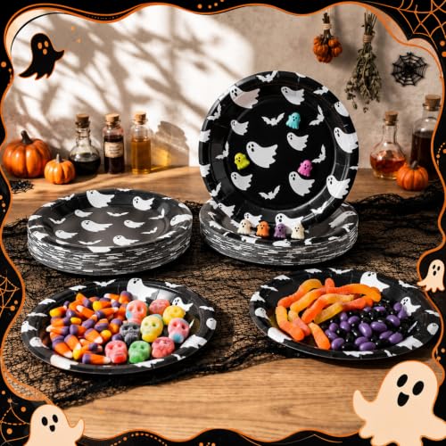 Halloween Paper Plates Ghost Bat Black 7 Inch - 100 Pack, Variation: Black Ghost Bat