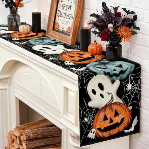 Ghost Halloween Table Runner 13x36 Inch - Spooky Pumpkin & Spider Web Design - Ghost Variation