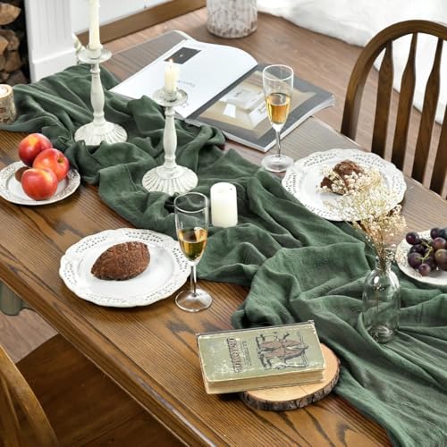 120 Inch 3-Piece Forest Green Gauze Wedding Table Runner - Boho Home Decor