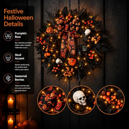 Halloween Wreath for Front Door with Pumpkin Bow - Black Skeleton Spider Web Decor