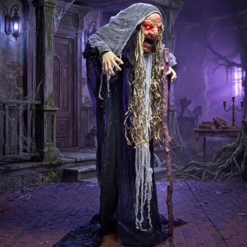 Gray Halloween Animatronic Hunchback Witch with Lights & Creepy Sounds - Outdoor & Indoor Decor