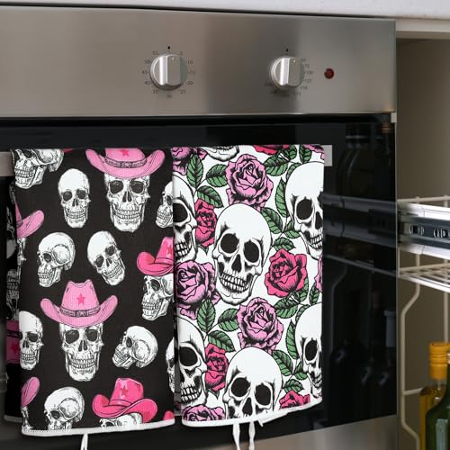 Halloween Skeleton Kitchen Towels Set - 6 Pcs Gothic Skull Dish Towels with Pink, White, Black Variations