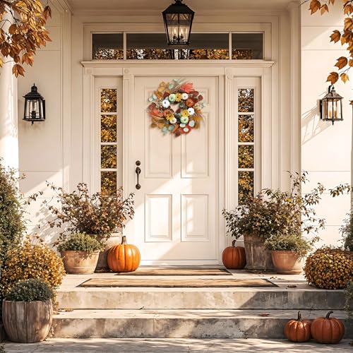 18-Inch Fall Halloween Wreath with Lights & Timer - White, Green, Brown