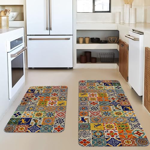 Mexican Talavera Kitchen Rugs Set of 2 Non Slip Washable Floor Mats - Mexican Tile Pattern