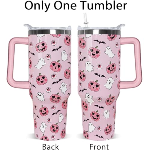 Halloween 40oz Ghost Tumbler with Handle & Straw - Pink & White Spooky Bat Leak-Proof Drinkware