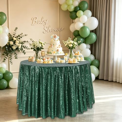 Emerald Green Round Sequin Tablecloth - 132 Inch Glitter Wedding & Party Decor