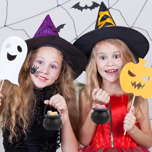 Mini Plastic Cauldrons for Halloween & Party Favors - 24 Pack Small Black Buckets with Handles