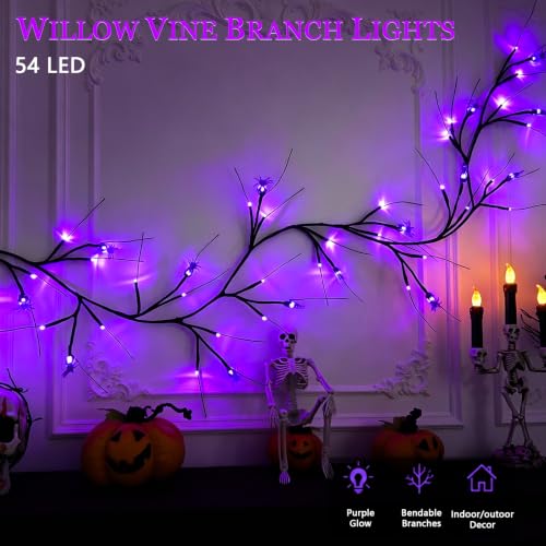 Halloween Spider Willow Vine Lights - 54 LED Purple Decor with Spider - Light with Spider Variation