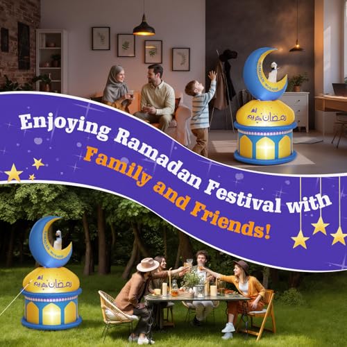 Lewondr 5FT Outdoor Inflatable Ramadan Moon Decoration with 4 LEDs - Yellow & Blue