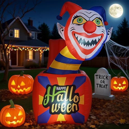 Halloween Inflatable Clown with LED Lights - 5 Ft Blow Up Yard Decoration with Ground Stakes, Indoor & Outdoor Use - Variation: Clown Box