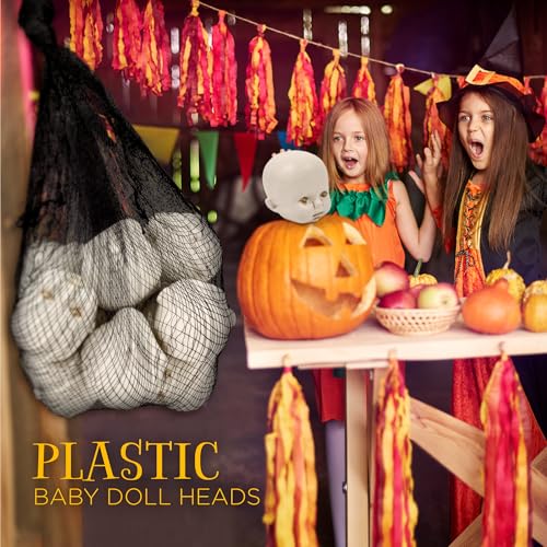 Halloween Creepy Doll Head Decorations - 12 Pcs Hanging Plastic Skulls for Haunted House & Spooky Decor