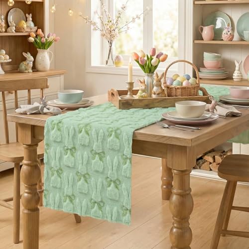 Sage Green Faux Fur Bunny Bow Table Runner 13x72 Inch Easter Spring Decor
