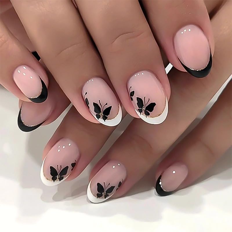 French Tip Press-On Nails Short Oval Fake Nails with Butterfly Design & Sparkling Tips - Variation 62