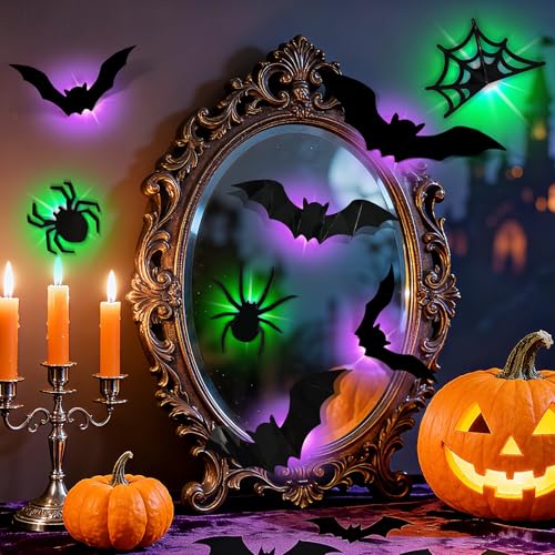 Halloween Bat Wall Decor with LED Lights, 3D Glowing Stickers - Spider Variation