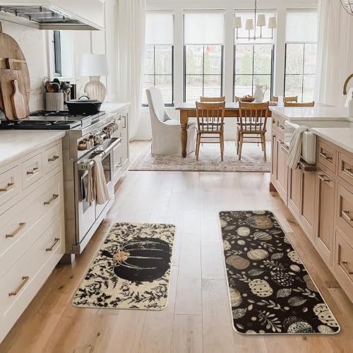 Black Pumpkin Fall Kitchen Mats Set of 2 - 17x29 and 17x47 Inches