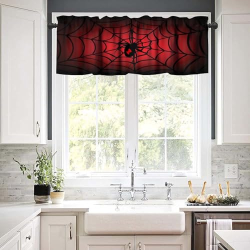 Halloween Kitchen Valances - Red & Black Spider Web Window Curtains, 54x18 Inches, Small Window Treatment, Rod Pocket Design