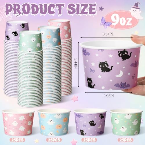 Halloween Disposable Paper Snack Cups - Pastel Ghost & Cat Pattern, 9oz - 100 Pack - Ghost Variation