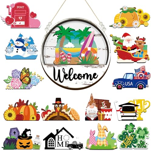Interchangeable Welcome Sign with Seasonal Patterns - White Wooden Front Door Decor