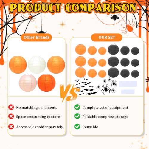 Halloween Paper Lanterns Set - Black and Orange, 18 pcs for Spooky Party Decor