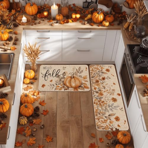 Pumpkin Hello Fall Kitchen Mat Set of 2 - 17x29 & 17x47 Beige