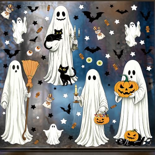 Large Ghost Halloween Window Stickers - White, 8 Sheets for Indoor & Outdoor Decor