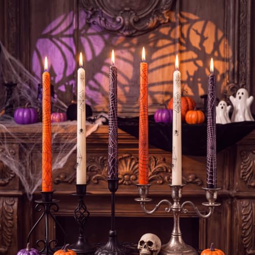 Halloween Spider Web Taper Candles Bulk Set - Spooky Decor, 10 Inch, 3 Colors