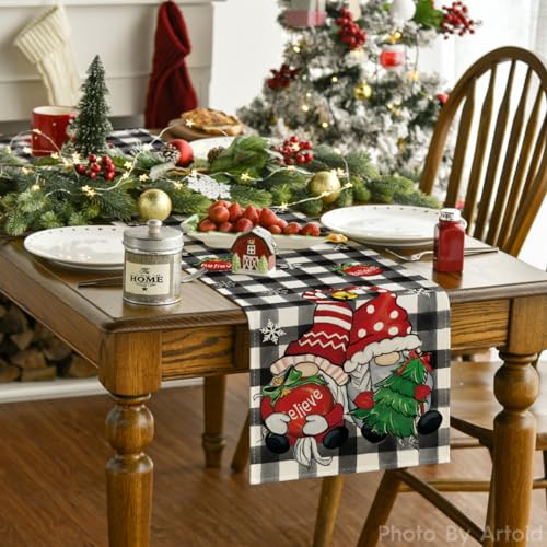 Buffalo Plaid Gnome Xmas Tree Place Mat Set with Table Runner - Holiday Decor