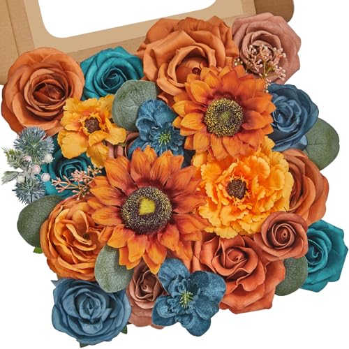 Artificial Burnt Orange & Teal Sunflower Flowers for Decor - Variation of Burnt Sunflower Orange & Teal Square