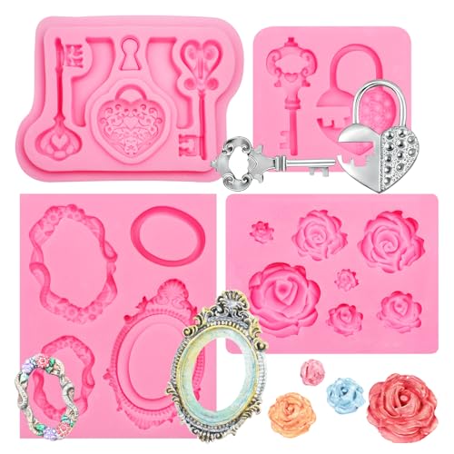 Baroque Picture Frame Silicone Mold Set - 4 Pack Rose & Key Design for Cake Decorating