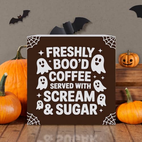 Halloween Coffee Decor Sign - Freshly Coffee Ghost 5x5 Inch Home Office Desk Shelf Decoration