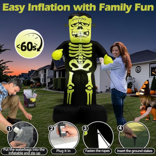 7ft Inflatable Frankenstein Halloween Decoration with Glow Effect - Green Variation