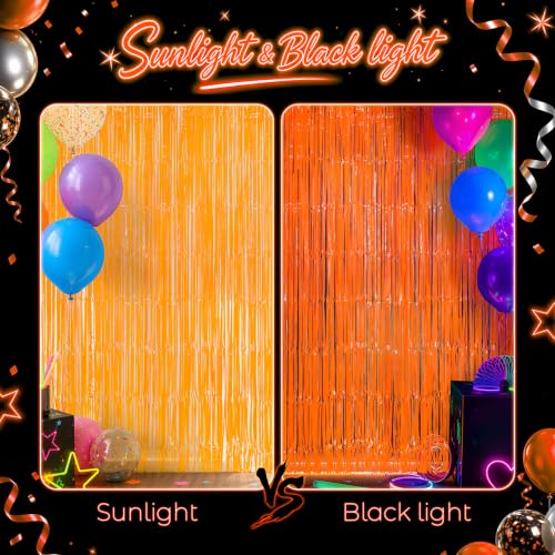 3.3ft x 6.6ft Orange Glow Party Fringe Curtain 2pcs UV Neon Foil Backdrop