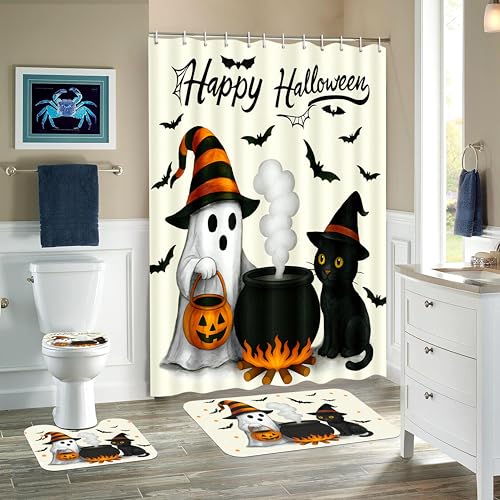 Halloween Shower Curtain Set with Bath Mat Toilet Cover and Hooks - Spooky Ghost Cat Pumpkin Decor