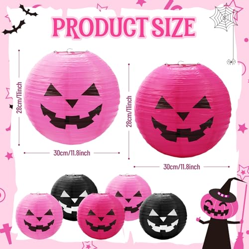 Halloween Hanging Paper Lanterns Set - Pink & Black Pumpkin Decor, 6 Pieces