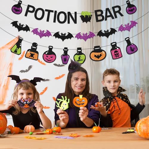 Halloween Potion Bar Banner with Glitter Potion Bottle Signs and Bat Decorations