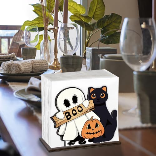 Halloween Wooden Napkin Holder Boo Ghost Black Cat - Variation G
