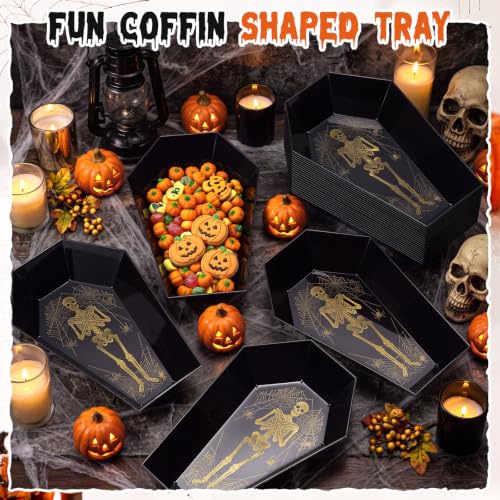 Halloween Candy Bowls Set - 24 Black Coffin-Shaped Plastic Trays with Skeleton & Spiderweb Details - Variation: Skeleton Coffin / Black / 24