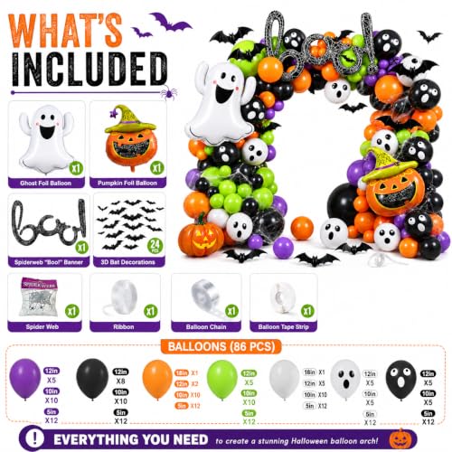 Halloween Balloon Arch Kit with Ghost and Pumpkin Foil Balloons - 184pcs Party Decor