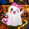 5FT Halloween Inflatable Ghost with Pink Bow and Glowing Pumpkin - Outdoor Decor