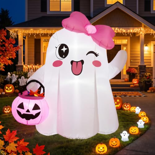 5FT Halloween Inflatable Ghost with Pink Bow and Glowing Pumpkin - Outdoor Decor
