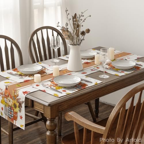 Artoid Mode Fall Thankful Placemats Set of 6 - 12 x 18 Inch Rectangular Beige & Orange
